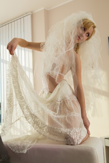 Beautiful bride Toni peels her sheer white lingerie to spread naked 92779369