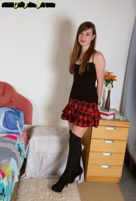 Teen amateur Emily Jane shows off tiny tits in hooker socks and plaid skirt 36731117