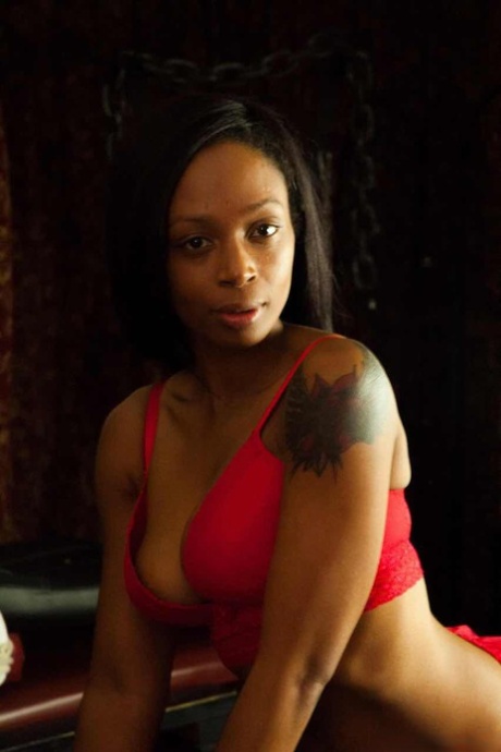British black girl Lola Marie models red lingerie and matching stockings 40962735