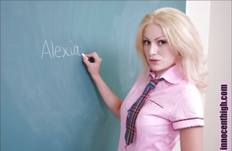 Blonde schoolgirl babe Alexia is undressing that smooth ass and pussy