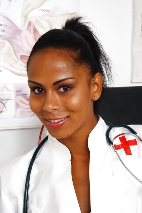 Leggy ebony dime Isabella Christyn spreading shaved pussy in nurse uniform 58235043