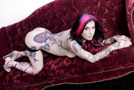 Heavily tatted MILF Joanna Angel peeling off bra and panty set to model naked 16767737